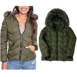 YMI Collection Green Puffer Jacket Faux Fur Removable Hood Sz 1X Fits Like Large
